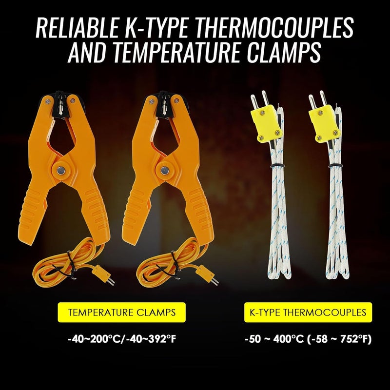 DANOPLUS K Type Thermocouple Thermometer (-50~1300°C), Dual Channels Digital Thermometer with 2 Temperature Clamp 2 Wired Thermocouple Probes, High Accuracy Temperature Kelvin Scale Meter Tester - Image 4